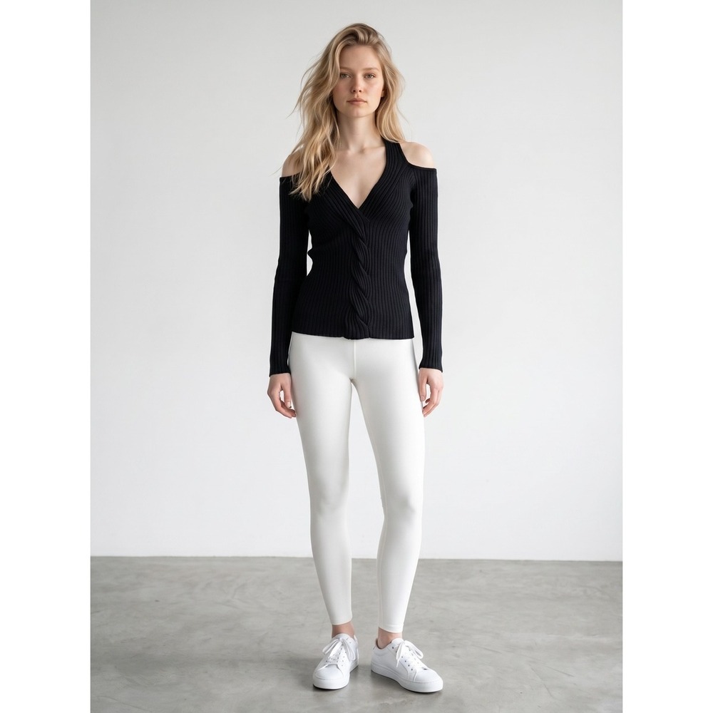 Express Black Ribbed Cold Shoulder Halter V-Neck Twisted Cable Knit Sweater Top - Picture 2 of 6